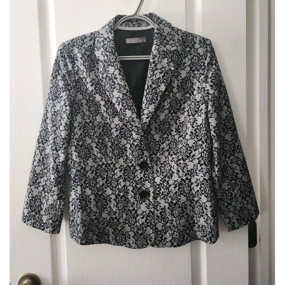 Olivia Moon Womens Floral Lace Print Lined Blazer Pockets Black White Cotton‎ M